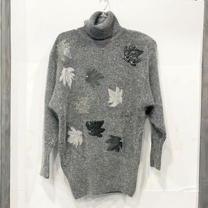 VTG Silk Angora Women Sweater Sz Sm I.B. Diffusion Beaded Leather Leaf  Gray‎
